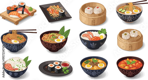 Asian Cuisine Food Set with Sushi Ramen Dumplings Rice Bowls and Traditional Dishes Detailed Vector Illustration Collection for Restaurant Menus, Delivery Apps and Culinary Designs