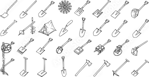 Hand-drawn collection of various digging and outdoor tools, including different shovels, axes, ice auger, tent, and snowflake.