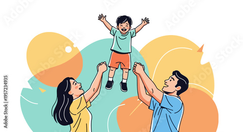 Happy family with little boy playing.