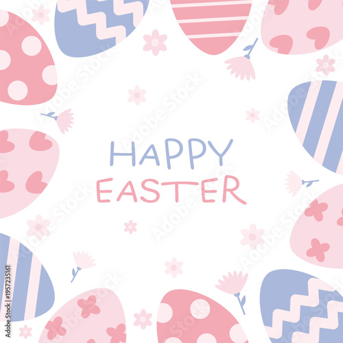 Square Easter background with eggs around the perimeter, flat style