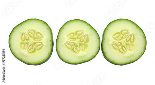 Three slices of fresh cucumber on transparent background