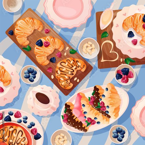 frame with a summer picnic backdrop. A park blanket, snacks, baked goods, and beautiful tableware. A top view. A cozy outdoor party with food in the backyard and field. Postcard, packaging