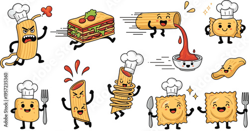 Funny Cartoon Pasta Characters Vector Set with Spaghetti, Lasagna, Ravioli, Sauce Bowl and Cute Mascot Expressions for Stickers, Kids Design, Italian Food Branding, Packaging, and Social Media