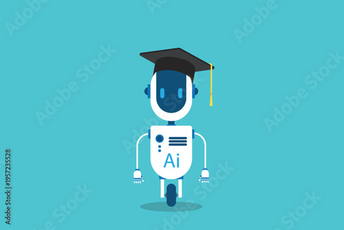 Artificial Intelligence Learning Robot with Graduation Cap, AI Education Concept, Smart Technology Assistant Character, Machine Learning, EdTech Vector Illustration