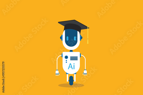 Artificial Intelligence Learning Robot with Graduation Cap, AI Education Concept, Smart Technology Assistant Character, Machine Learning, EdTech Vector Illustration