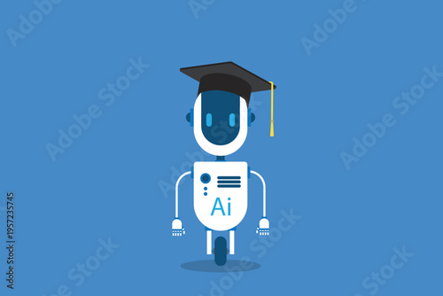 Artificial Intelligence Learning Robot with Graduation Cap, AI Education Concept, Smart Technology Assistant Character, Machine Learning, EdTech Vector Illustration
