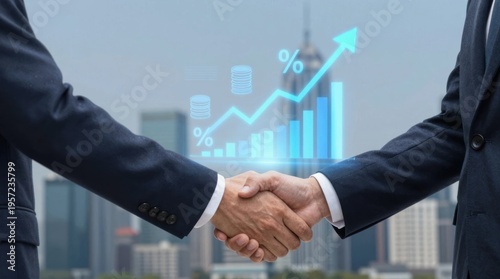 Two business partners shake hands against a city skyline