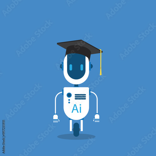 Artificial Intelligence Learning Robot with Graduation Cap, AI Education Concept, Smart Technology Assistant Character, Machine Learning, EdTech Vector Illustration