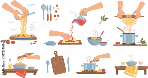 Pasta Cooking Process Vector Illustration Set with Hands Preparing Spaghetti, Boiling, Mixing Sauce, Kitchen Tools, and Ingredients for Recipe Guides, Food Blogs, Menu Design, and Culinary Branding