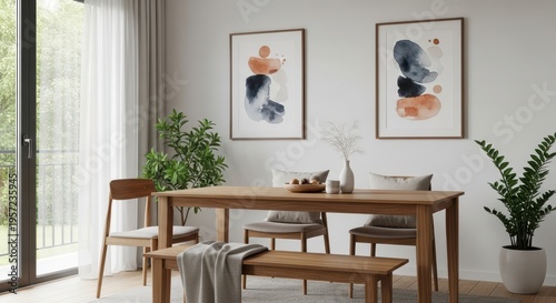 Modern minimalist living space with wooden dining furniture and abstract wall art