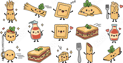 Cute Kawaii Pasta and Italian Food Characters Vector Set with Spaghetti, Lasagna, Ravioli, Sauce Bottles and Funny Mascot Faces for Stickers, Kids Design, Restaurant Branding, and Packaging