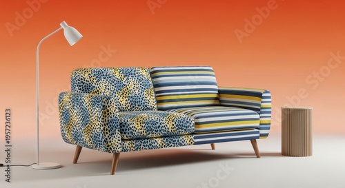 Vibrant patterned sofa paired with a modern floor lamp in a minimalist setting
