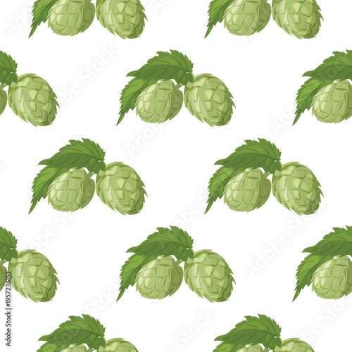 Minimalist Seamless Vector Pattern of Green Hops on White Background