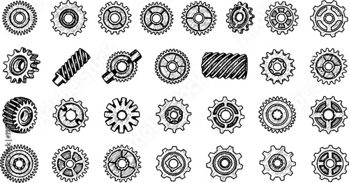 Gear Collection: Hand-Drawn Cogwheels, Sprockets and Worms Illustration