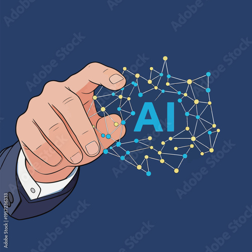 Hand holds a network of connected nodes forming the letters AI in a business setting showing interest in technology and innovation