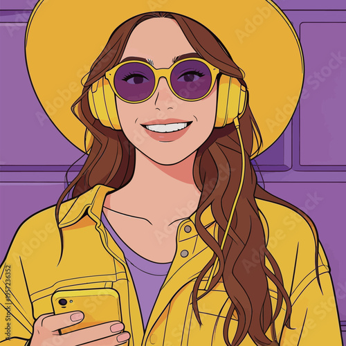 Young woman with headphones holds phone and smiles in bright yellow outfit against purple background