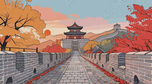 View of the Great Wall during autumn with trees changing colors and a building in the background at sunset