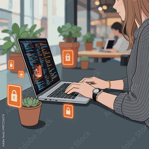 Person working on a laptop with plants in a cafe and digital lock icons around them while others are focused on their own tasks