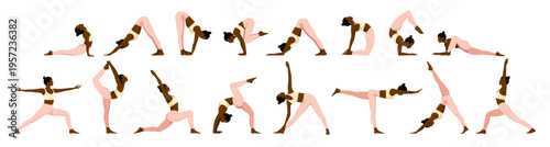 Set of african american woman doing yoga asana poses. Vector illustration