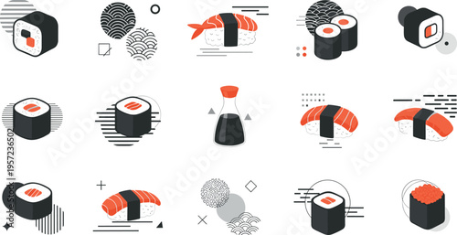 Minimal Sushi Icon Set with Nigiri, Maki Rolls, Soy Sauce and Abstract Japanese Elements for Restaurant Branding, Menu Design, Packaging, and Modern Food Illustration Projects