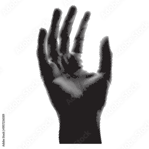 Black hand raised up with fingers spread apart on white background