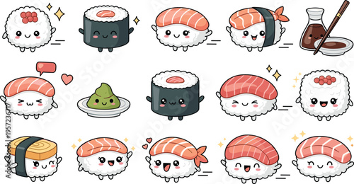 Cute Kawaii Sushi Characters Vector Set with Salmon Nigiri, Maki Rolls, Rice Balls and Funny Mascot Faces for Stickers, Kids Design, Japanese Food Branding, Packaging, and Social Media