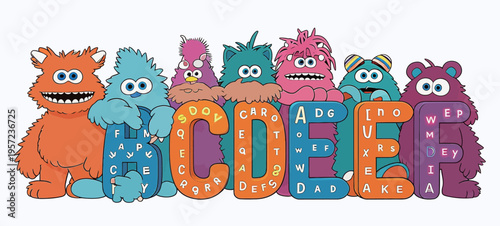 Colorful monsters stand together and display letters on a bright background during a fun learning event for children