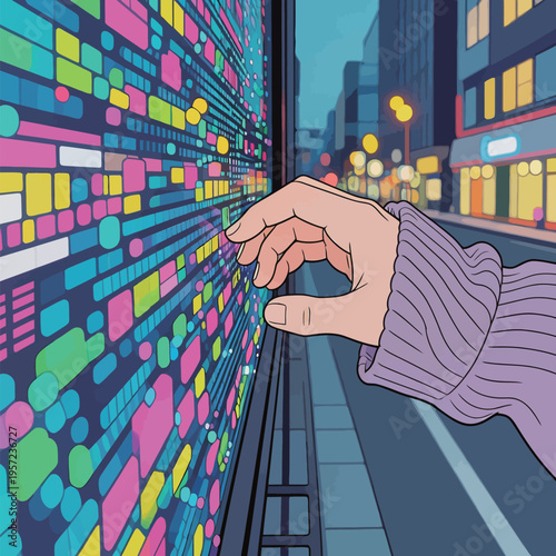 Digital interaction on a city street in the evening with colorful data display and a hand reaching out