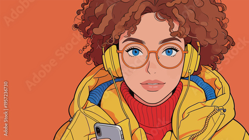 Woman wearing headphones looks at her phone while dressed in bright winter clothing against an orange background
