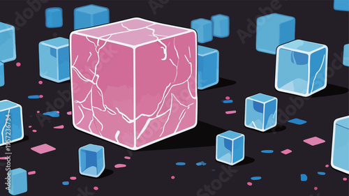 Colorful ice cubes in various sizes are scattered on a dark surface with a central pink cube standing out in the scene