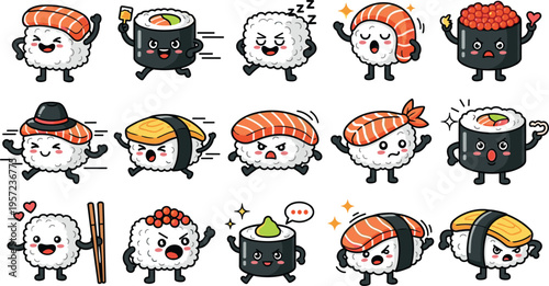 Cute Kawaii Sushi Characters Vector Set with Nigiri, Maki Rolls, Rice Balls and Funny Mascot Expressions for Stickers, Kids Design, Japanese Food Branding, Packaging, and Social Media