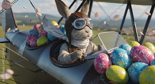 Easter bunny as pilot flying vintage biplane loaded with colorful eggs. Whimsical aviation adventure in springtime meadow with cherry blossoms. Holiday celebration and joyful easter theme