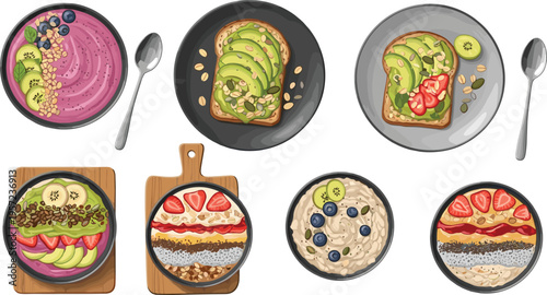 Healthy Breakfast Bowls and Toast Vector Illustration Set with Smoothie, Oatmeal, Avocado Toast, Fruits, and Seeds for Nutrition Apps, Cafe Menu Design, and Food Branding