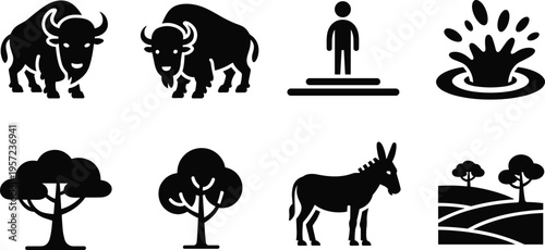 Black and white icon set, bison, buffalo, donkey, human platform, water splash, trees, rural landscape, minimalist vector symbols