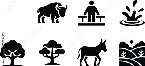 Black and white minimalist icon set, bison, buffalo, donkey, human platform, water splash, trees, rural landscape symbols collection