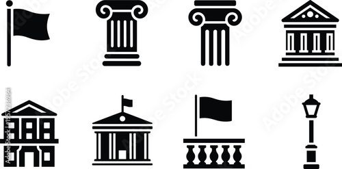Classical architecture icon set, columns, government buildings, flags, balcony, street lamp, ancient Greek Roman style, minimalist black vector symbols
