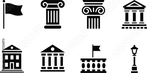 Classical architecture icon set, Greek columns, temple buildings, flags, balcony railing, street lamp, historic ancient style minimalist vector symbols