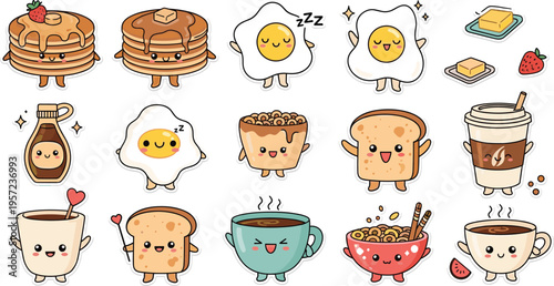 Cute Kawaii Breakfast Food Characters Vector Set with Pancakes, Eggs, Toast, Coffee, Cereal and Funny Mascots for Stickers, Kids Design, Cafe Branding, Packaging, and Social Media
