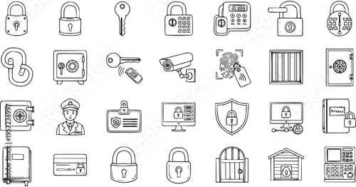 Hand-drawn security and protection icons set with various locks, keys, cameras, safes, and digital security elements