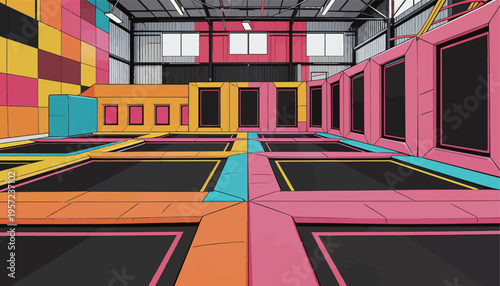 Bright indoor trampoline park filled with colorful trampolines for jumping fun and active playtimes