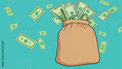 Money bag filled with cash and dollar bills flying in the air in a simple background scene