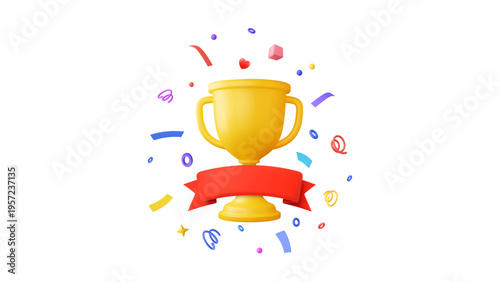 Golden Champion Trophy with Red Ribbon and Confetti