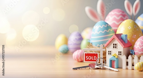 Colorful Easter eggs arranged around small sold house model with keys and basket. Spring renewal and new home concept for holiday celebration