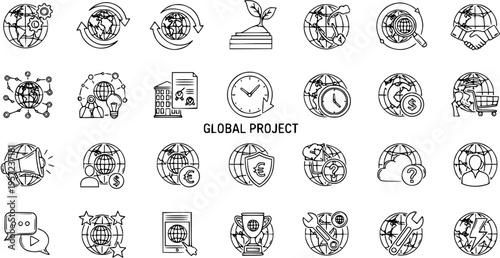 Detailed collection of Global Project outline icons, featuring business, finance, communication, technology, and environmental themes for international strategy and development.