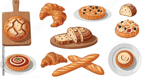 Bakery Bread and Pastry Vector Illustration Set with Croissant, Baguette, Tart, Loaf, and Artisan Baked Goods for Cafe Menu Design, Packaging, and Food Branding Projects
