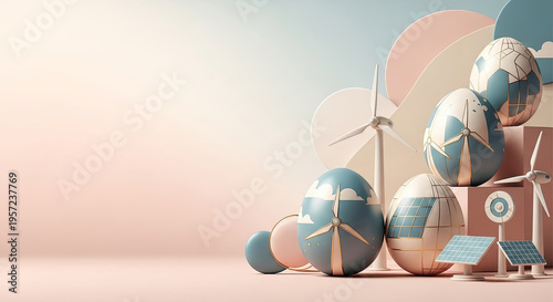 Easter eggs decorated with wind turbines and solar panels. Sustainable holiday symbols for spring celebration. Eco-friendly renewable energy concept in pastel colors
