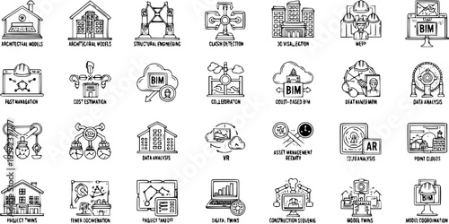 BIM  Construction Industry Hand-Drawn Outline Icons Set: Architectural, Structural Engineering, MEP, Project Management, Digital Twins