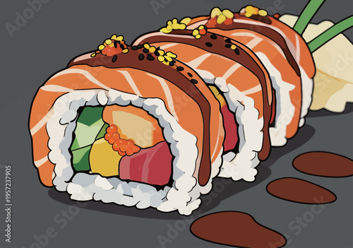Different types of sushi rolls displayed on a dark plate with sauces and garnishes in a restaurant setting during lunch