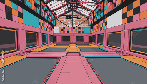 Trampoline park with colorful walls and multiple jumping areas for fun activities in the afternoon hours