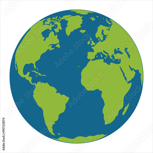 Minimalist world globe illustration featuring green continents and blue oceans against a pristine white backdrop